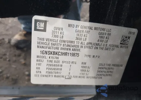 2017 Chevrolet Tahoe Lt из США, поврежденный, VIN 1GNSKBKC3HR119875